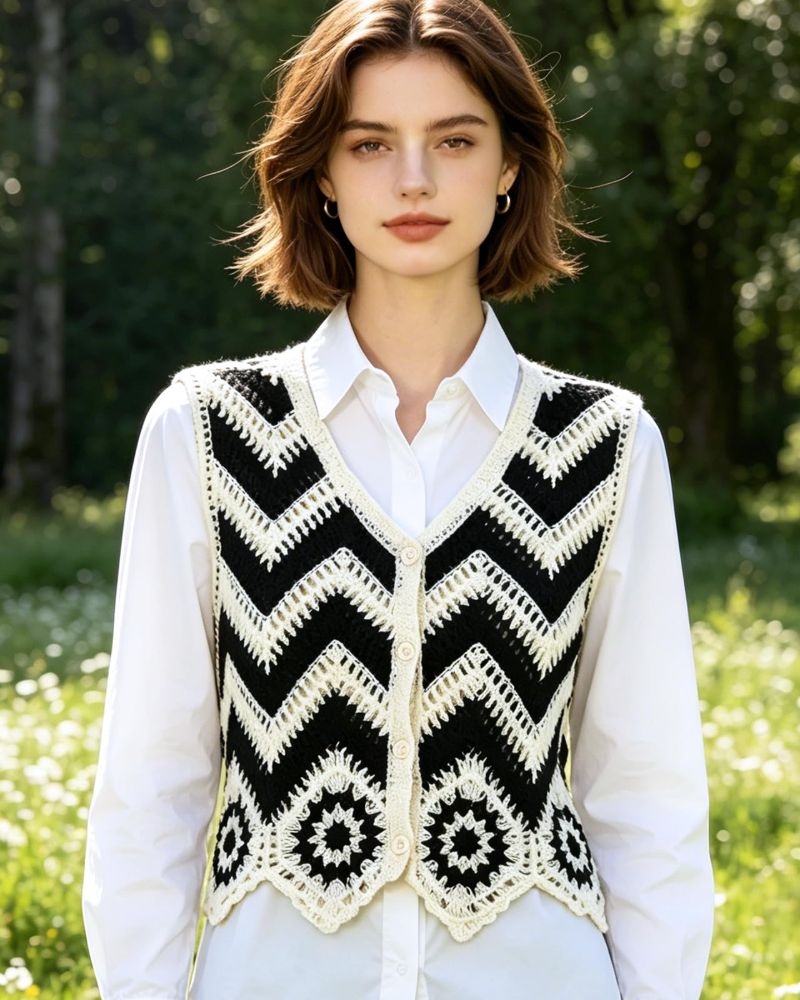 Brianna Women's Cardigan – Short Sleeveless Crochet Vest Ethnic Style with Buttons