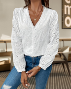 Heather Blusa Donna – Camicetta Ricamata Collo a V Vintage Maniche Lunghe Bottoni Elegante