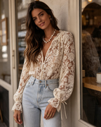 Imogen Blouse Femme – Chemisier Dentelle Transparente Col V Manches Cloche Broderie Florale