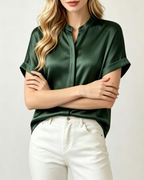 Camicia Campbell Donna – Blusa Satinata Collo Mandarino Maniche Corte Risvoltate Elegante
