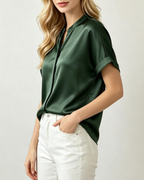 Camicia Campbell Donna – Blusa Satinata Collo Mandarino Maniche Corte Risvoltate Elegante