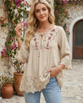 Whitney Blouse Femme – Haut Bohème Col V Noué Manches 3/4 Cloche Broderie Florale Dentelle