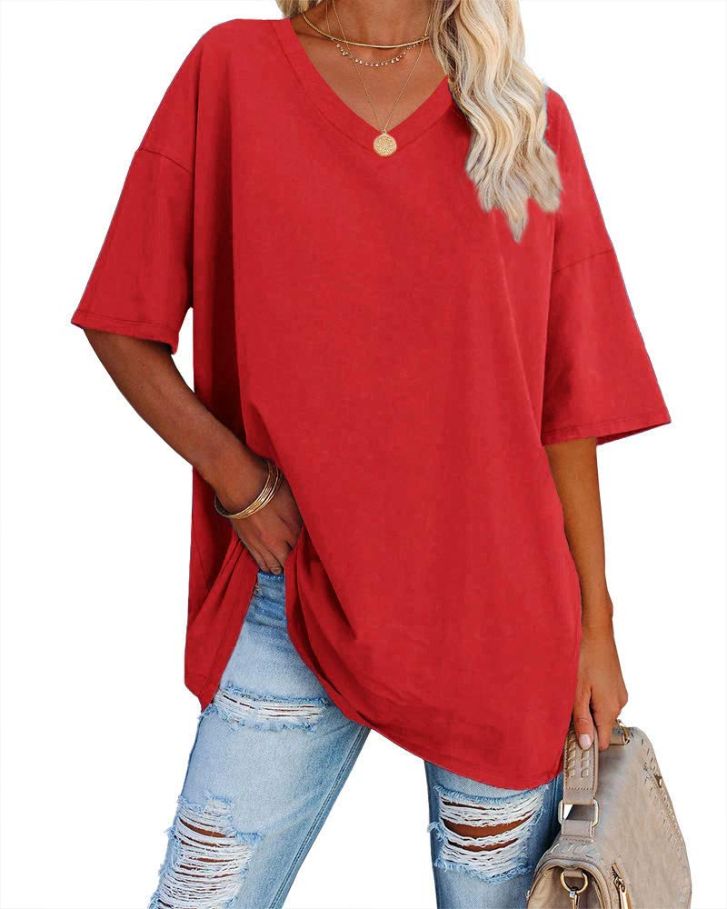 Natalie T-Shirt Femme – Haut Oversize Col V en Coton à Manches Courtes Uni