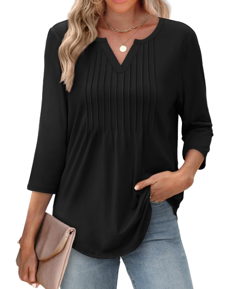 Chelsea Blouse Femme – Haut Col V Manches 3/4 Plissé Décontracté Élégant