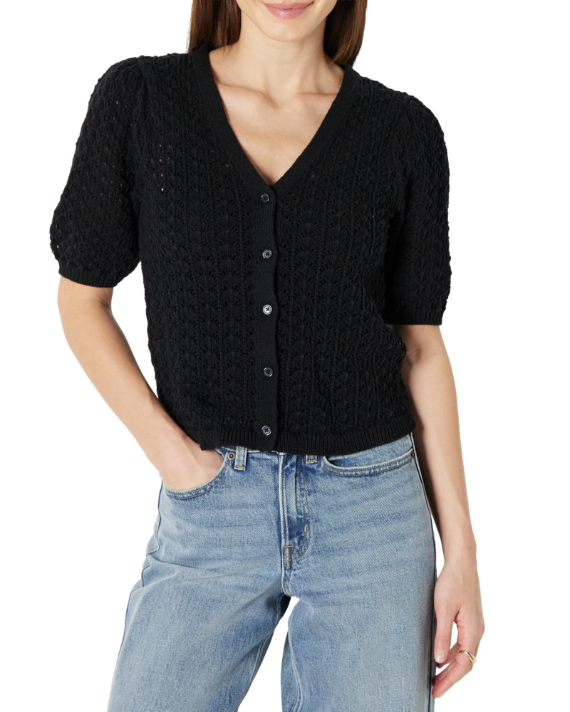 Harper Women's Top – V-Neck Buttoned Crochet Short Sleeve Cotton Top
