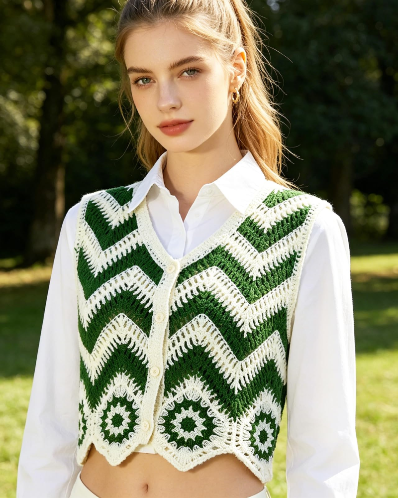 Brianna Women's Cardigan – Short Sleeveless Crochet Vest Ethnic Style with Buttons