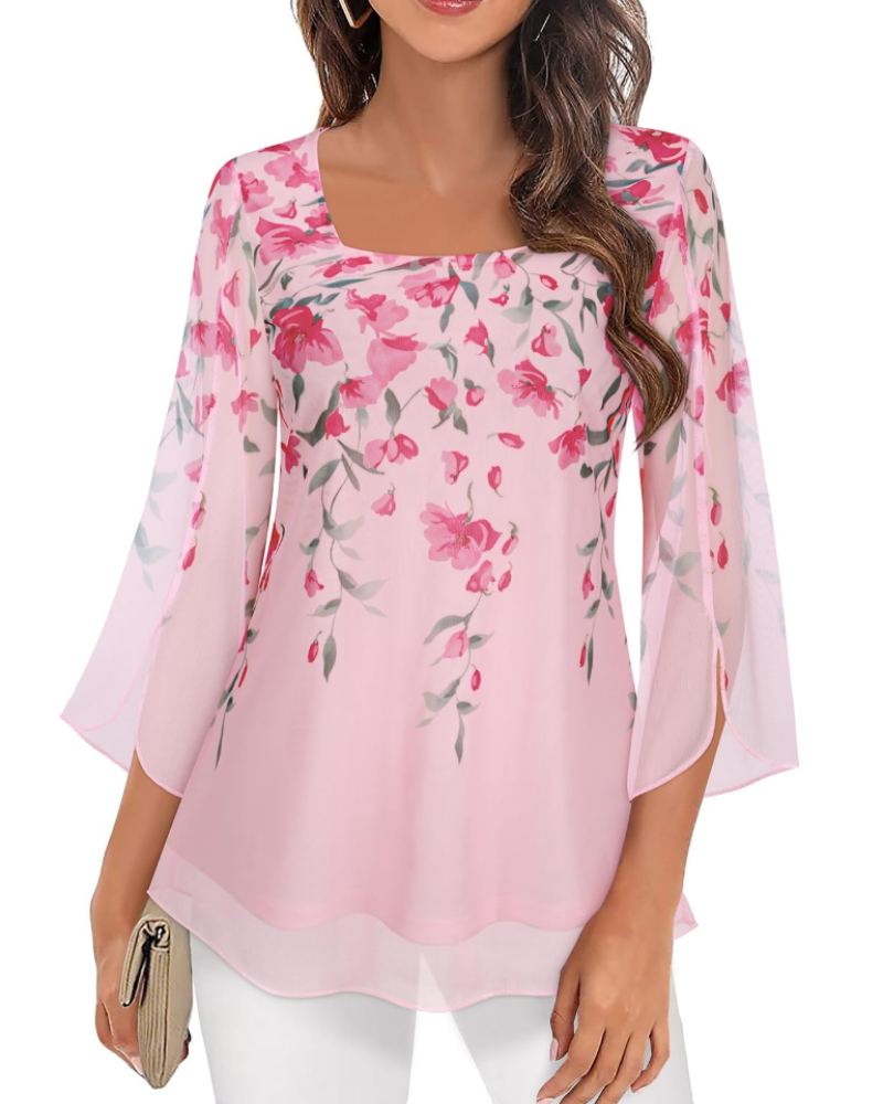 Phoebe Blouse Femme – Haut en Mousseline Col Carré Manches 3/4 Volantées Imprimé Floral
