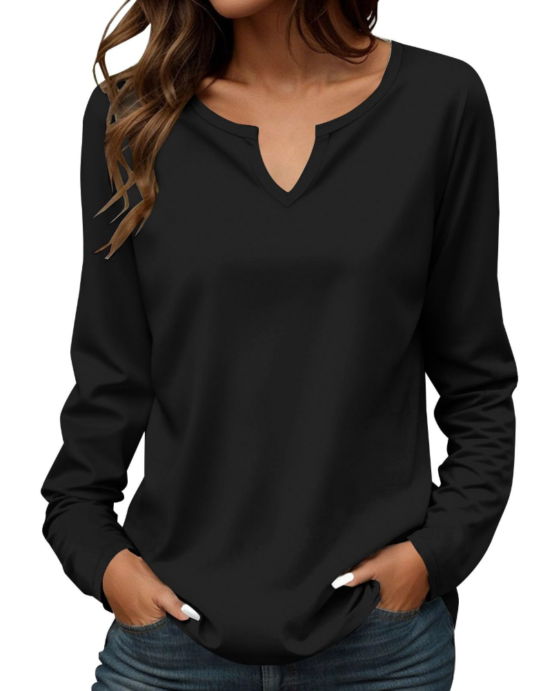 Carly T-Shirt Femme – Haut Col Rond Brodé en Coton à Manches Longues Coupe Ajustée