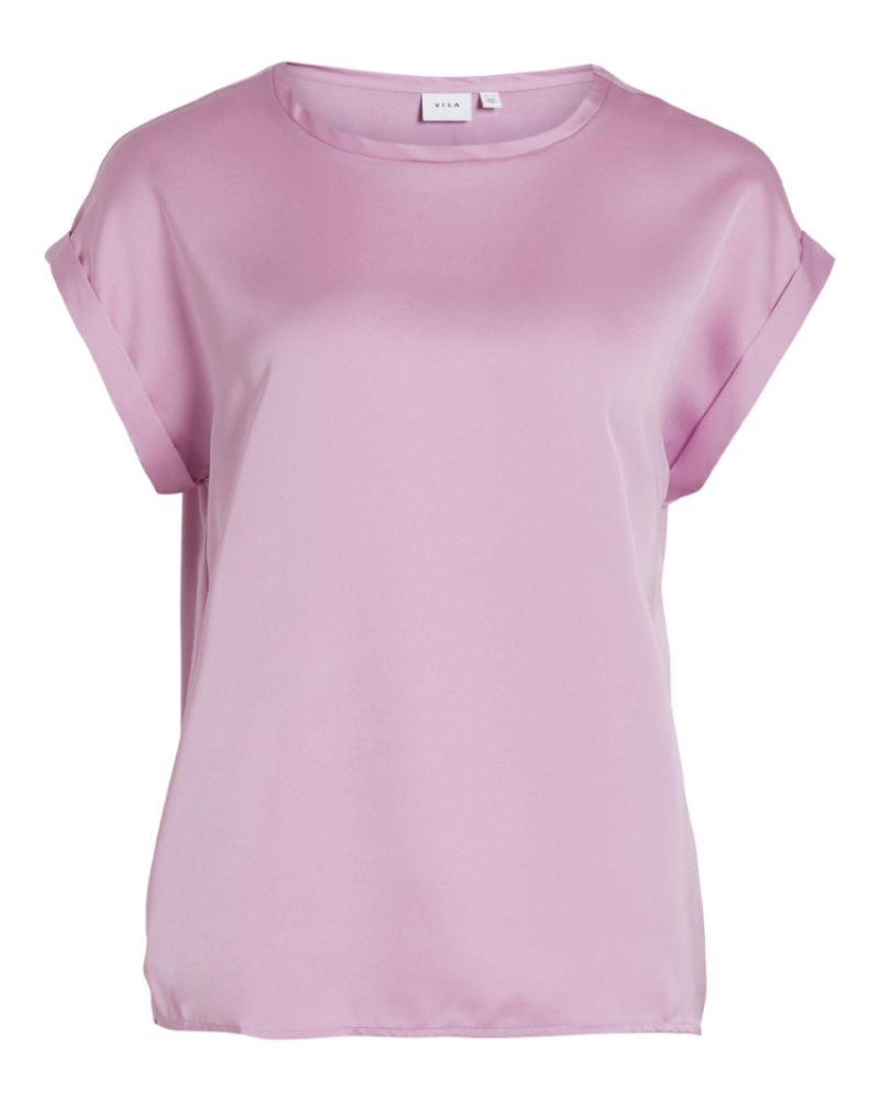 Blusa Lennox para mujer – Blusa satinada con cuello redondo, mangas cortas, hombros caídos, elegante  