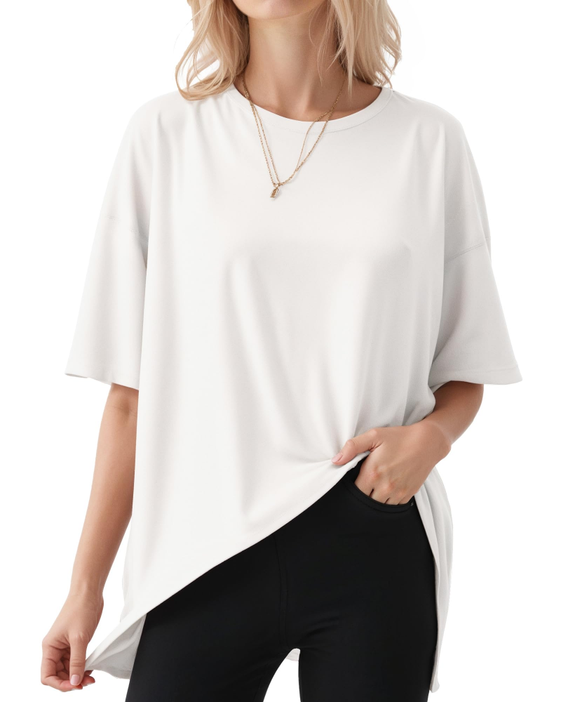 Rylan T-shirt Oversize Femme – Haut Col Rond Manches Courtes en Coton Mélangé Décontracté