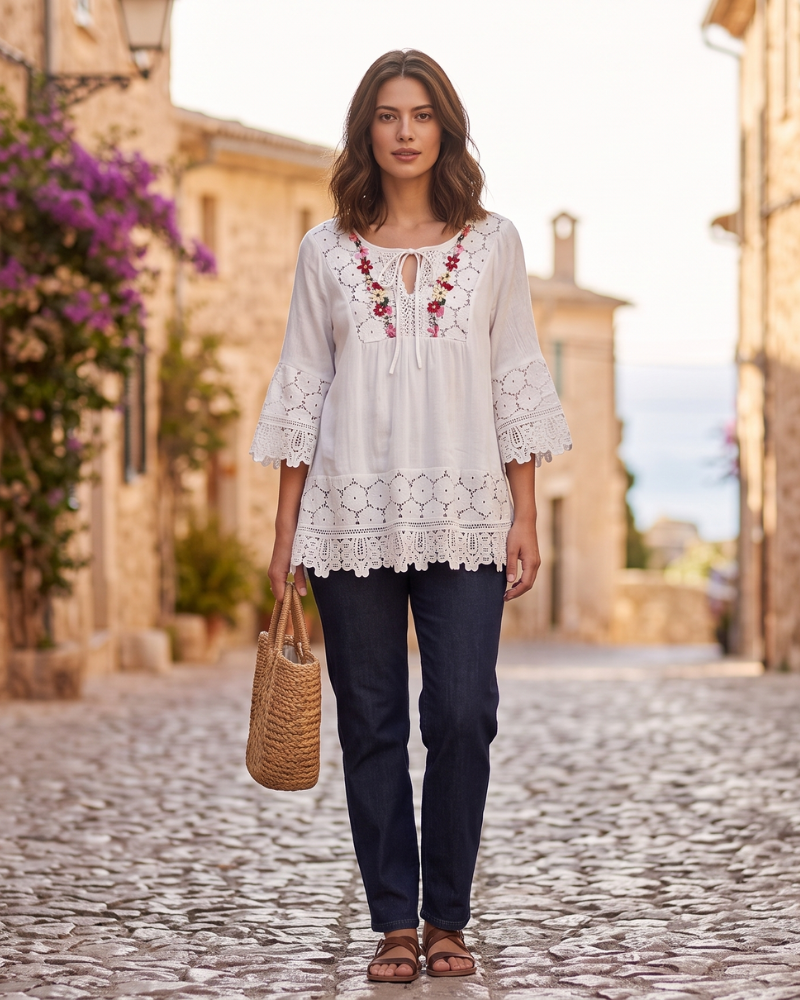 Blusa Whitney para mujer – Top bohemio cuello en V anudado mangas 3/4 campana bordado floral encaje