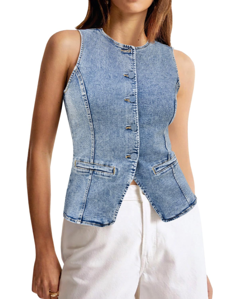 Dakota Gilet en Jean Femme – Veste Sans Manches Boutonnée Coupe Courte Slim Fit
