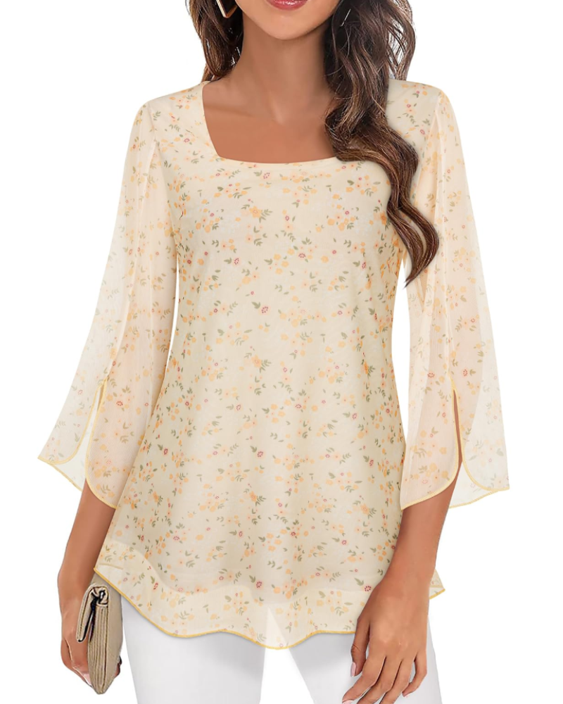 Phoebe Blouse Femme – Haut en Mousseline Col Carré Manches 3/4 Volantées Imprimé Floral