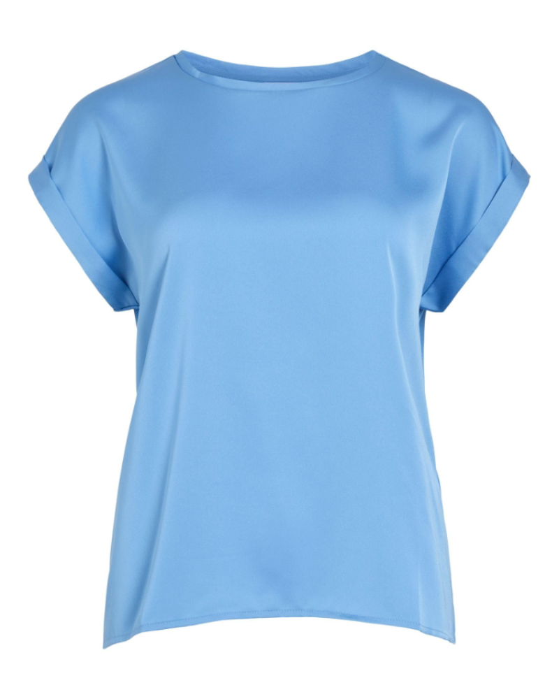 Blusa Lennox para mujer – Blusa satinada con cuello redondo, mangas cortas, hombros caídos, elegante  