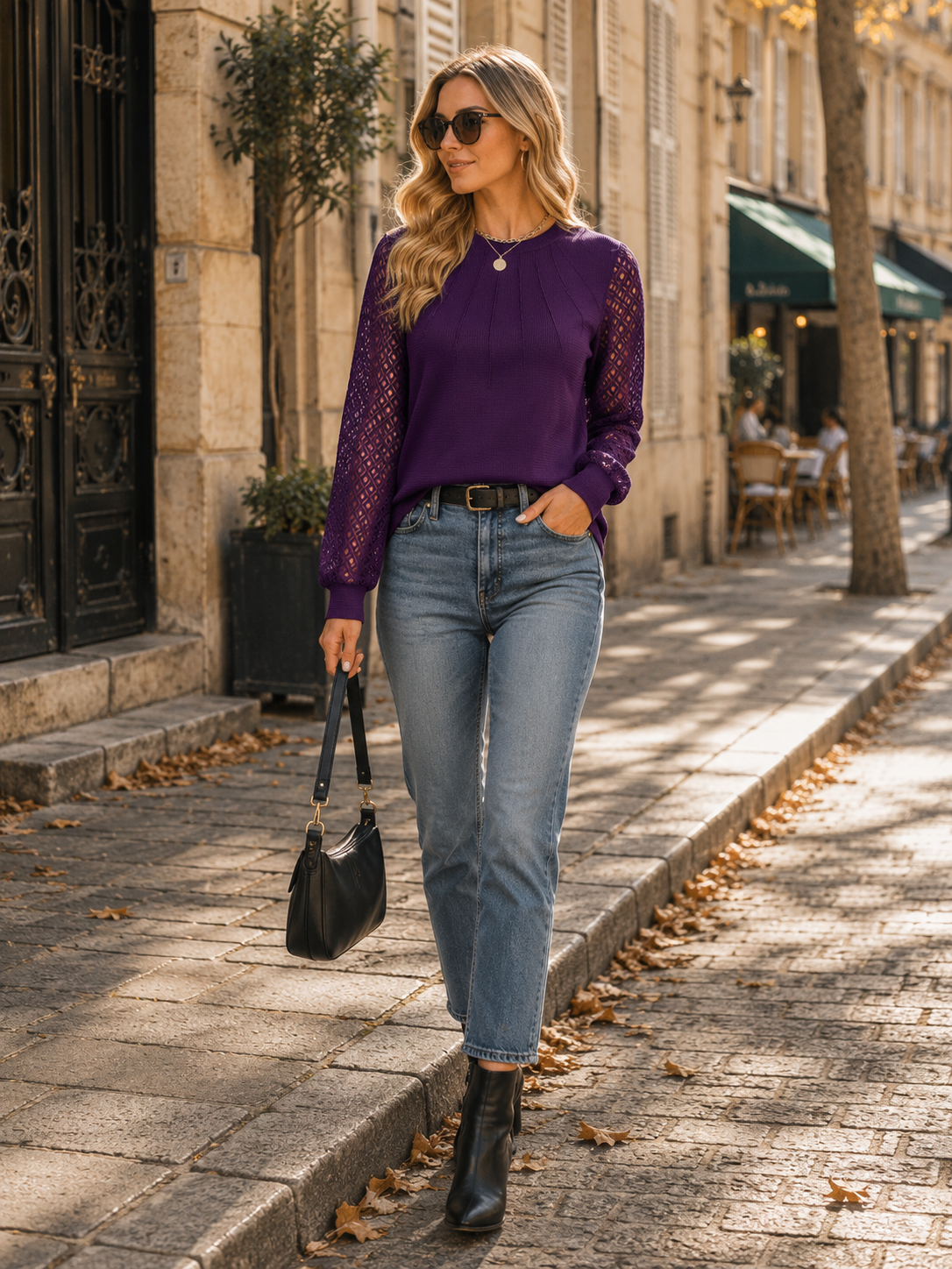 Estelle Blouse Femme – Haut Gaufré Col Rond Plissé Manches Longues Dentelle à Carreaux