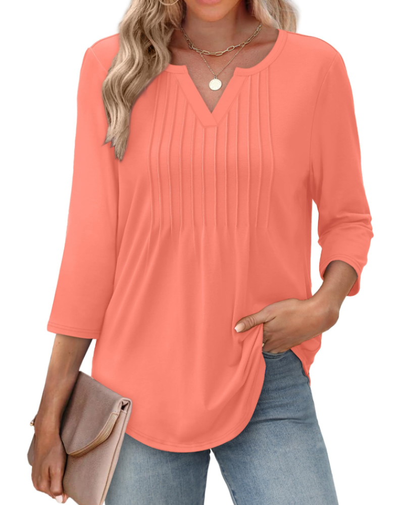 Chelsea Blouse Femme – Haut Col V Manches 3/4 Plissé Décontracté Élégant