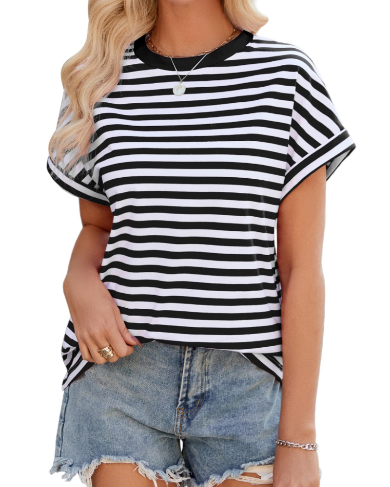 Tatum T-shirt Oversize Femme – Haut Rayé Col Rond Manches Mi-Longues en Coton Mélangé