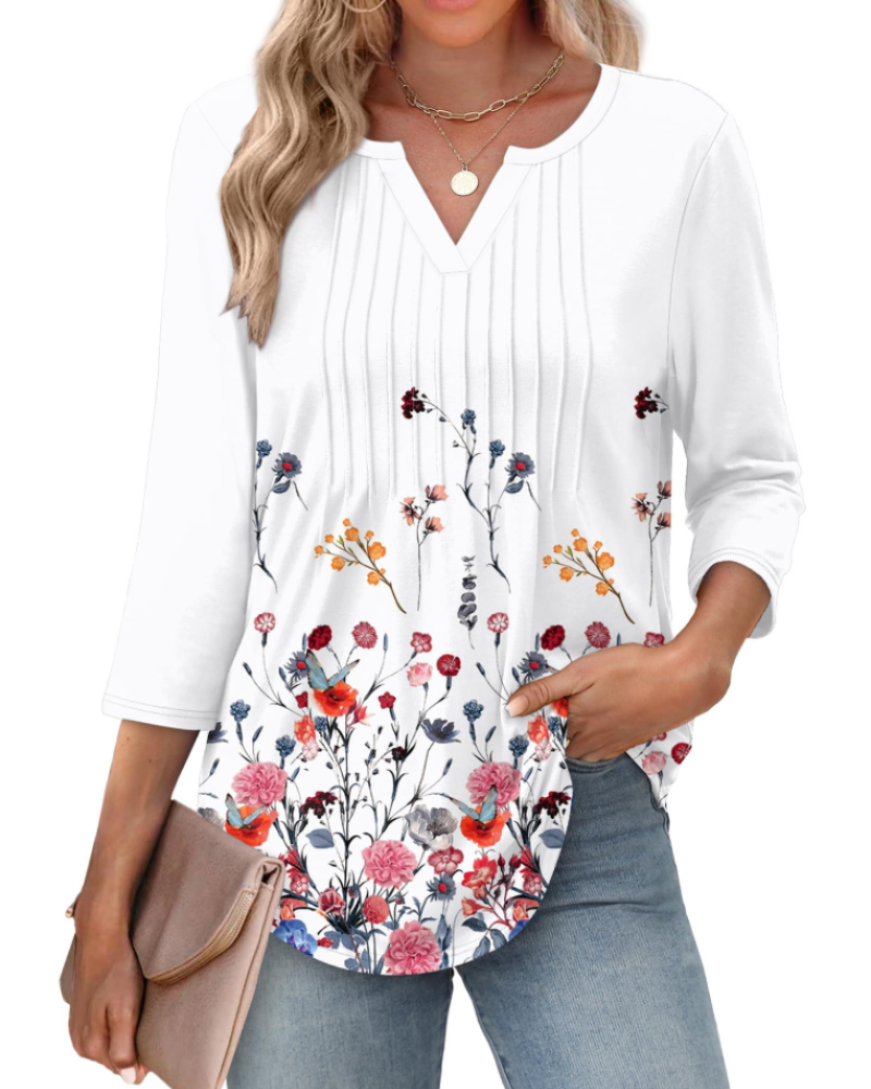 Chelsea Blouse Femme – Haut Col V Manches 3/4 Plissé Décontracté Élégant