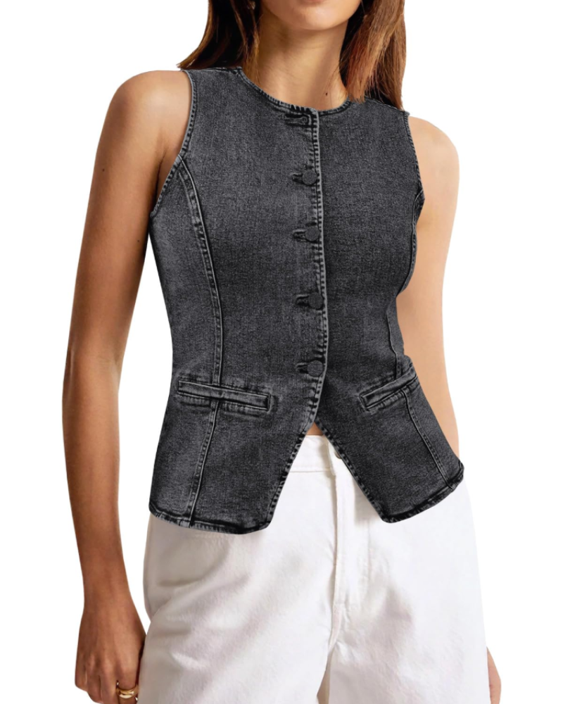 Dakota Gilet en Jean Femme – Veste Sans Manches Boutonnée Coupe Courte Slim Fit