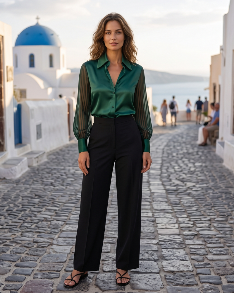 Camicia Greer da donna – Blusa satinata scollo a V righe mesh maniche lunghe con bottoni