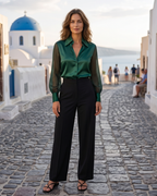 Camicia Greer da donna – Blusa satinata scollo a V righe mesh maniche lunghe con bottoni