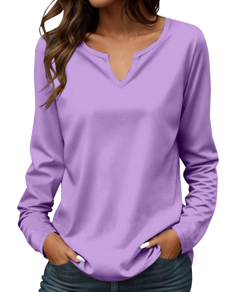 Carly T-Shirt Femme – Haut Col Rond Brodé en Coton à Manches Longues Coupe Ajustée