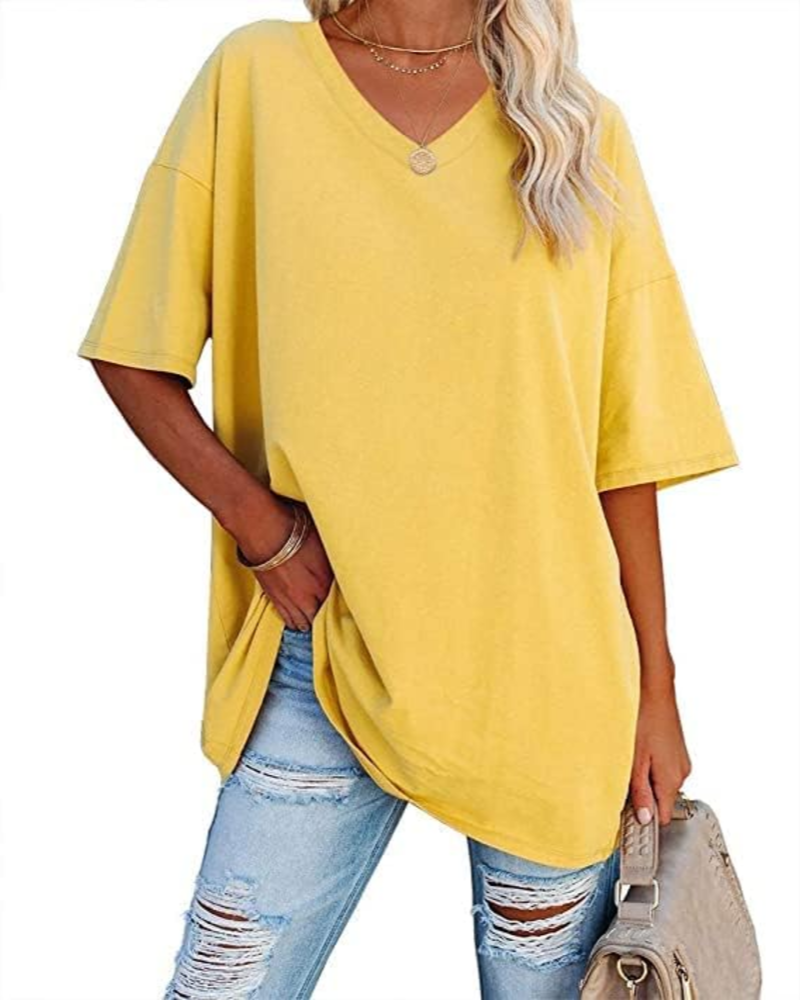 Natalie T-Shirt Femme – Haut Oversize Col V en Coton à Manches Courtes Uni