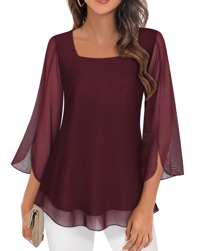Phoebe Blouse Femme – Haut en Mousseline Col Carré Manches 3/4 Volantées Imprimé Floral