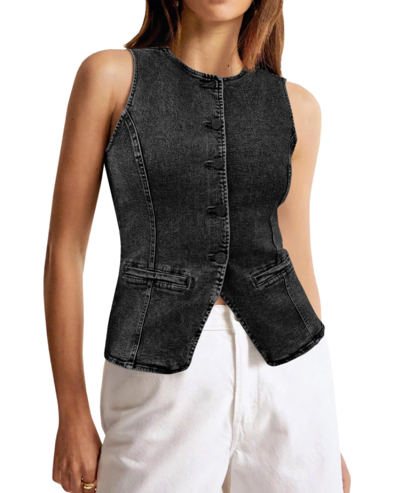 Dakota Gilet en Jean Femme – Veste Sans Manches Boutonnée Coupe Courte Slim Fit