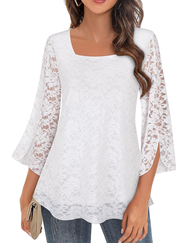Phoebe Blouse Femme – Haut en Mousseline Col Carré Manches 3/4 Volantées Imprimé Floral