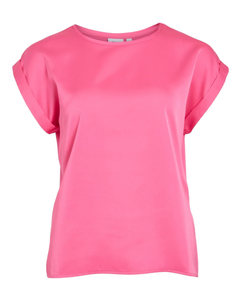 Blusa Lennox para mujer – Blusa satinada con cuello redondo, mangas cortas, hombros caídos, elegante  
