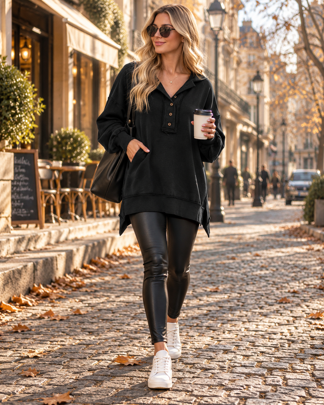 Laurel Sweat Henley Femme – Col V Boutonné, Coupe Oversize & Manches Longues