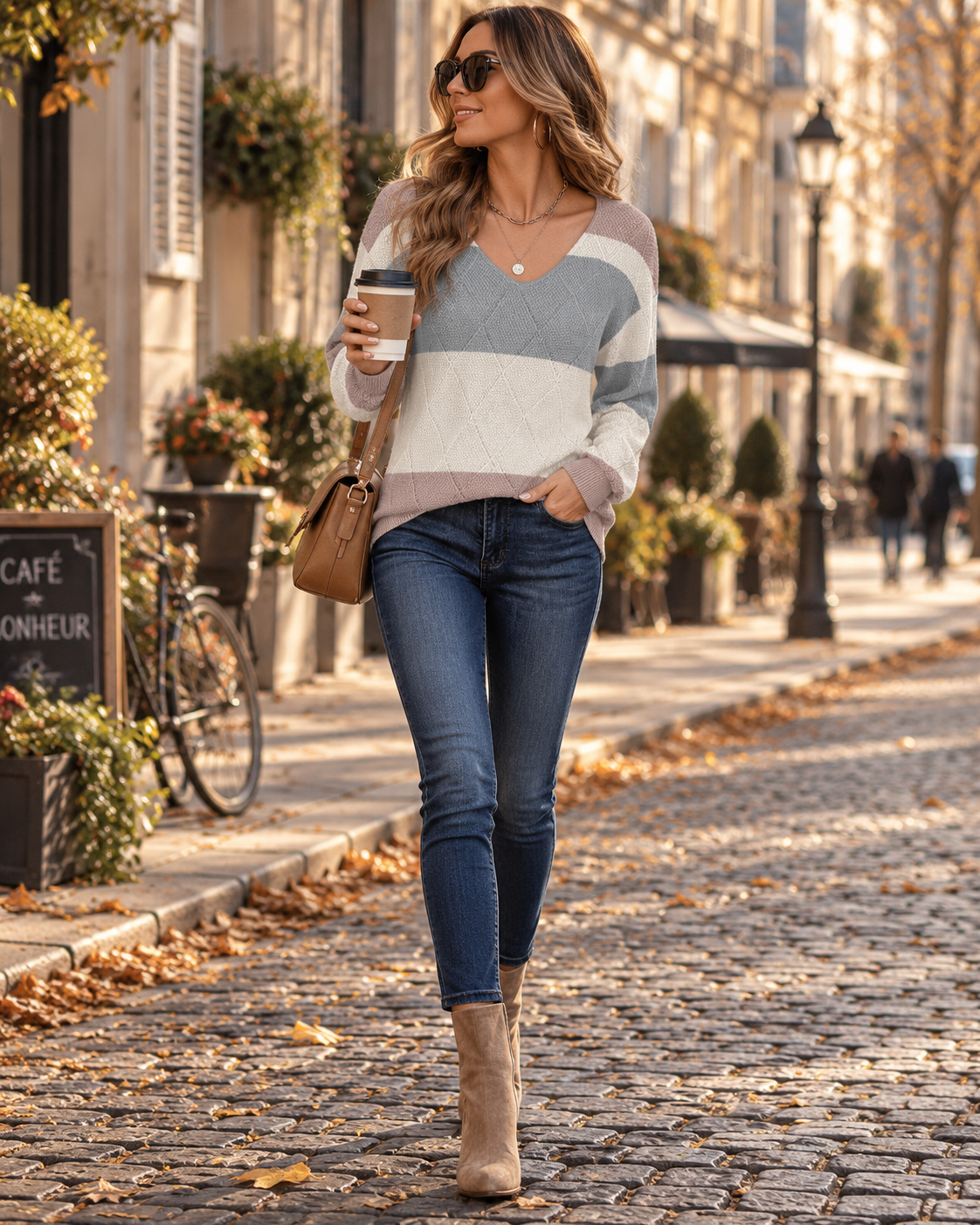 Jocelyn Pull Rayé Femme – Maille Texturée, Col V, Coupe Ample & Manches Longues