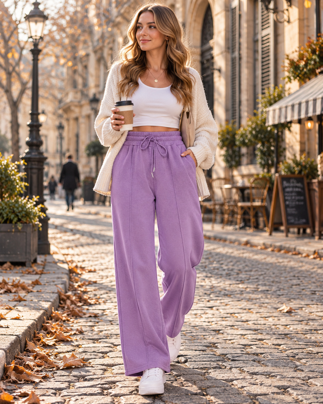 Jane Pantalon Jogging Femme – Taille Haute, Jambes Larges, Cordon et Poches