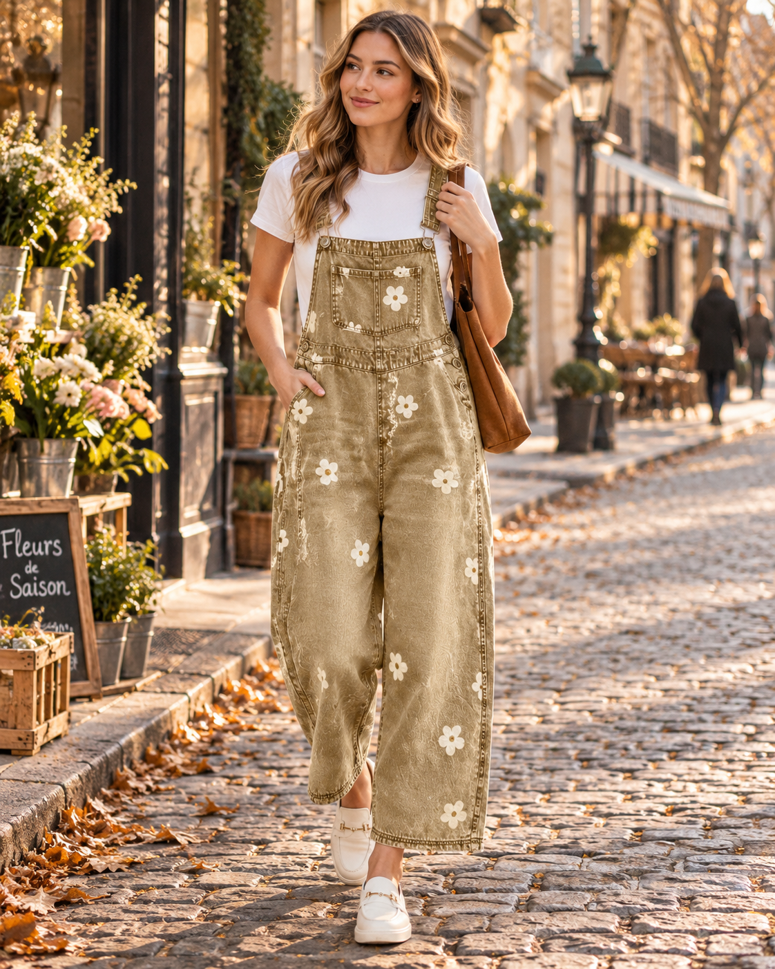 Millicent Salopette Jean Femme – Motif Fleuri, Jambes Larges et Bretelles Réglables
