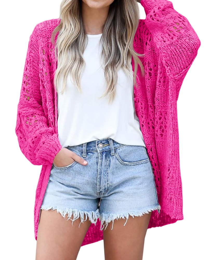 Hazel Cardigan Femme – Gilet Long en Maille Crochet Ouverte à Manches Chauve-Souris