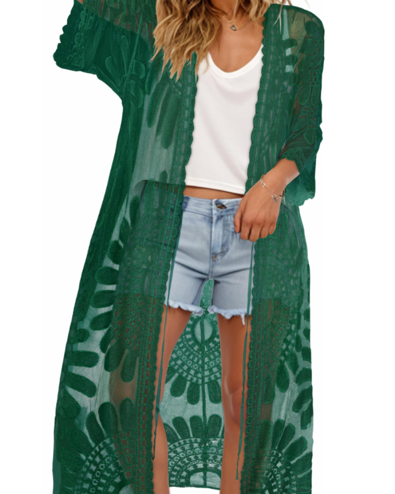 Aurora Kimono de Plage Femme – Paréo Long en Dentelle avec Manches 3/4 & Coupe Fluide