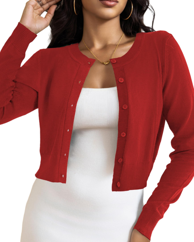 Élise Cardigan Court Femme – Gilet Maille Boutonné Stretch Léger à Manches Longues
