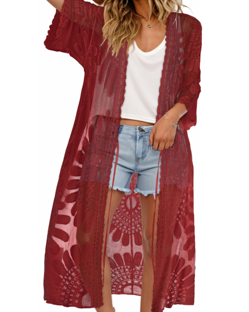 Aurora Kimono de Plage Femme – Paréo Long en Dentelle avec Manches 3/4 & Coupe Fluide