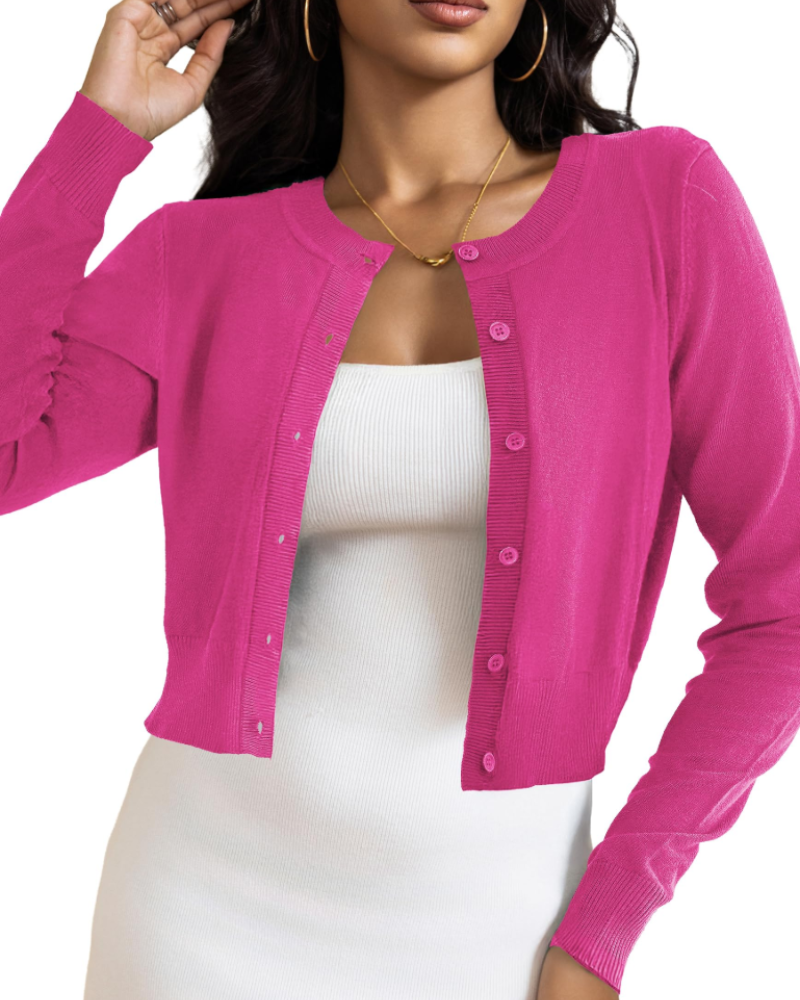 Élise Cardigan Court Femme – Gilet Maille Boutonné Stretch Léger à Manches Longues