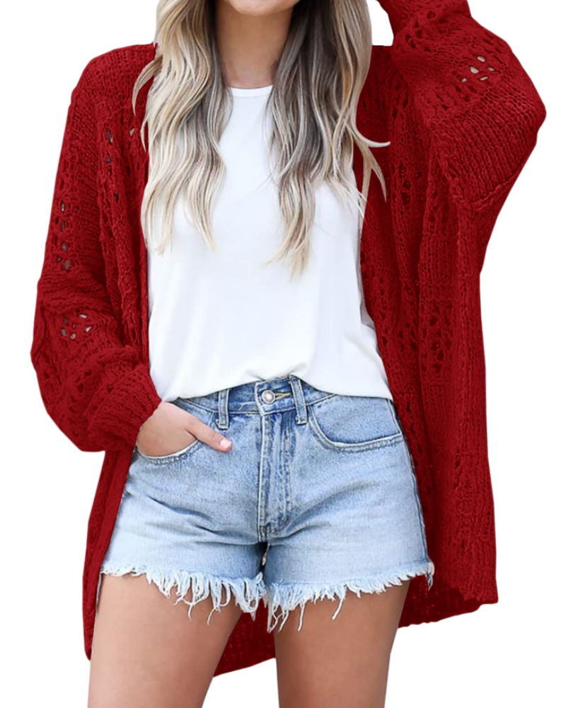 Hazel Cardigan Femme – Gilet Long en Maille Crochet Ouverte à Manches Chauve-Souris