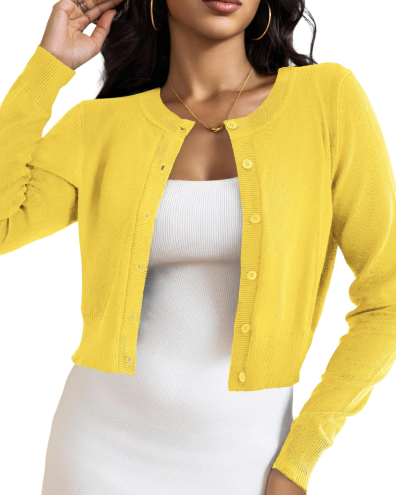 Élise Cardigan Court Femme – Gilet Maille Boutonné Stretch Léger à Manches Longues