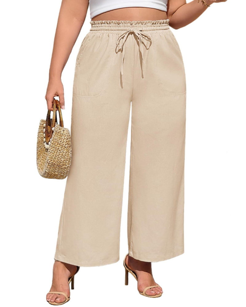 Maren Pantalon en Lin Femme – Palazzo Taille Élastique avec Cordon et Poches