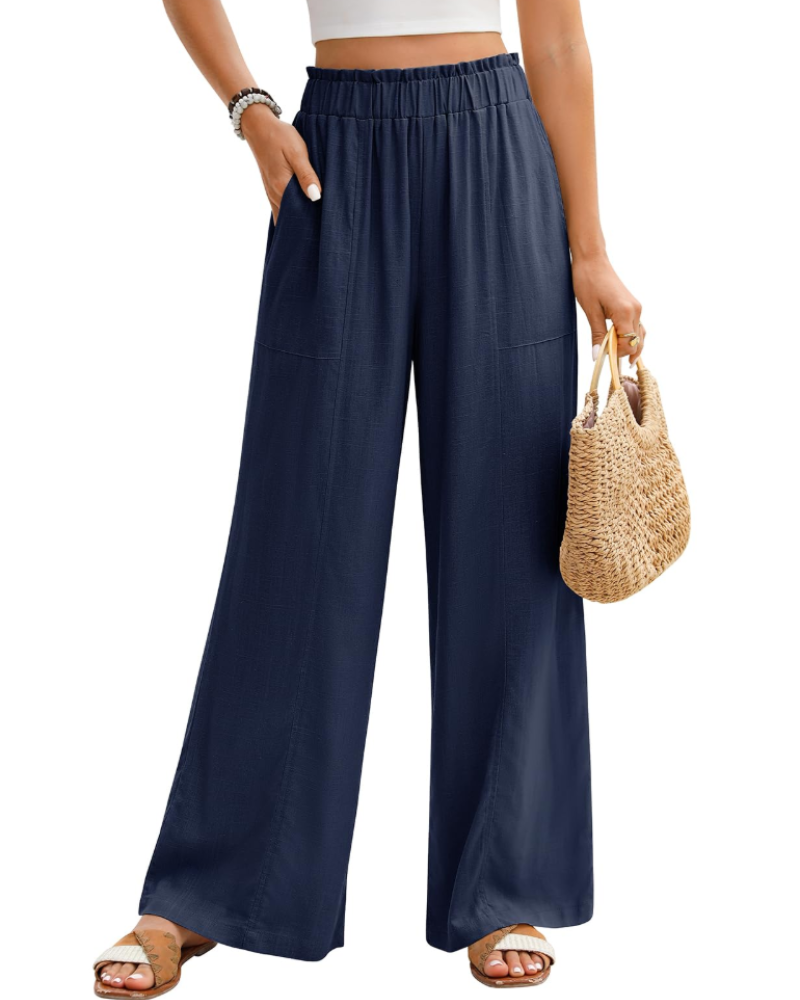 Kendall Pantalon en Lin Femme – Palazzo Taille Élastique avec Poches Coupe Fluide