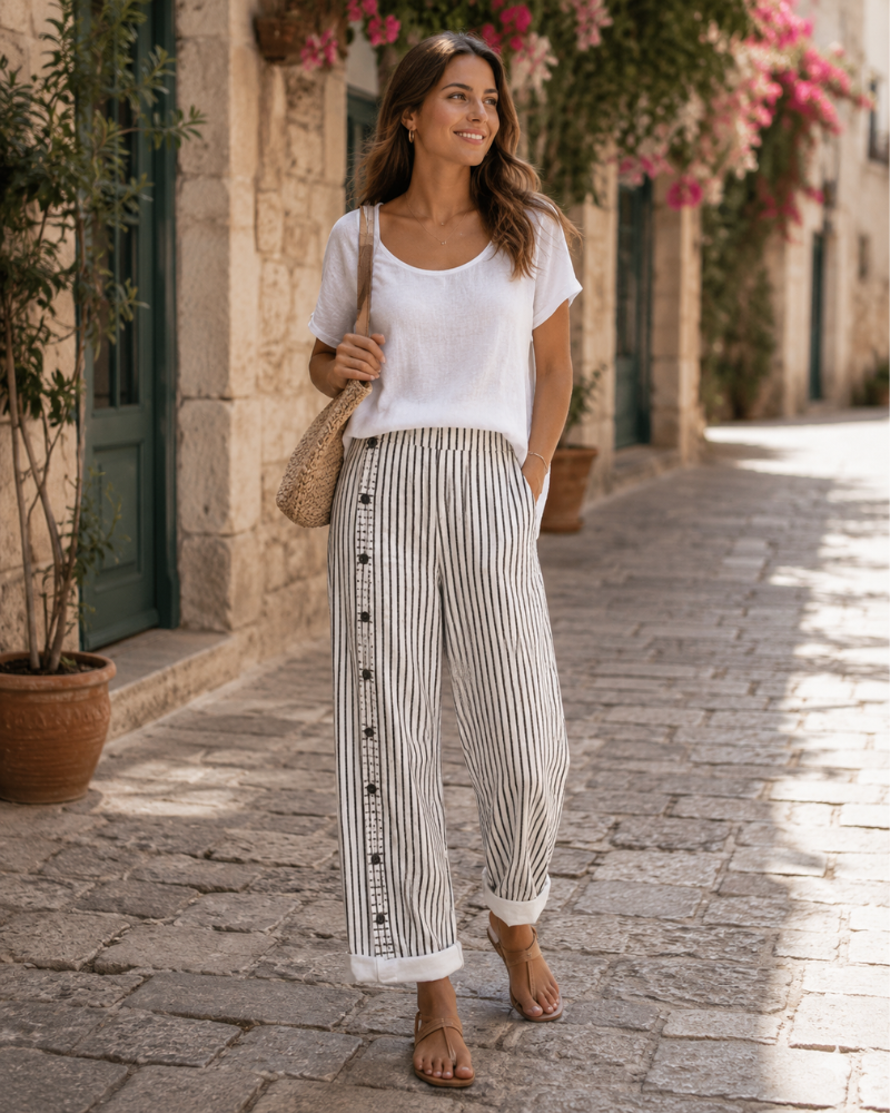 Megan Pantalón para Mujer – Pantalón Informal de Rayas con Bolsillos Laterales y Ajuste Cómodo