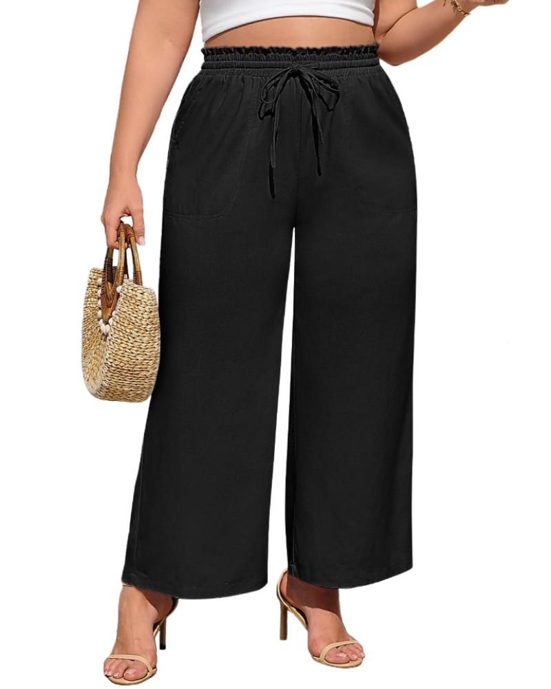Maren Pantalon en Lin Femme – Palazzo Taille Élastique avec Cordon et Poches