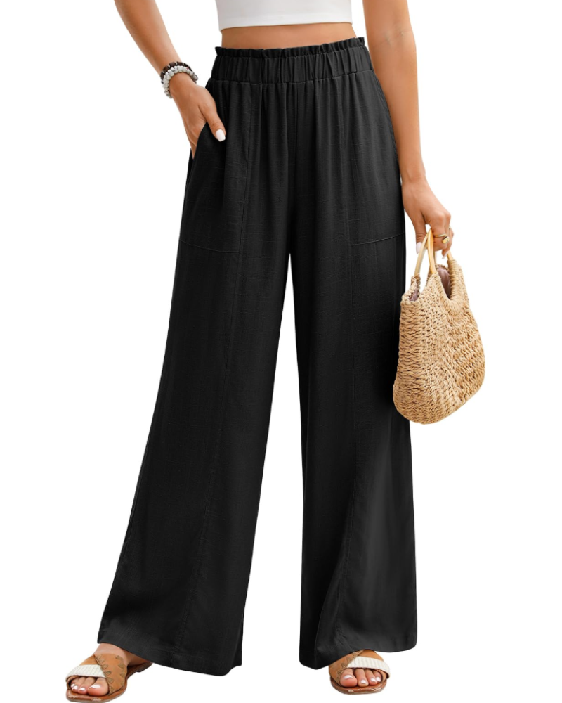 Kendall Pantalon en Lin Femme – Palazzo Taille Élastique avec Poches Coupe Fluide