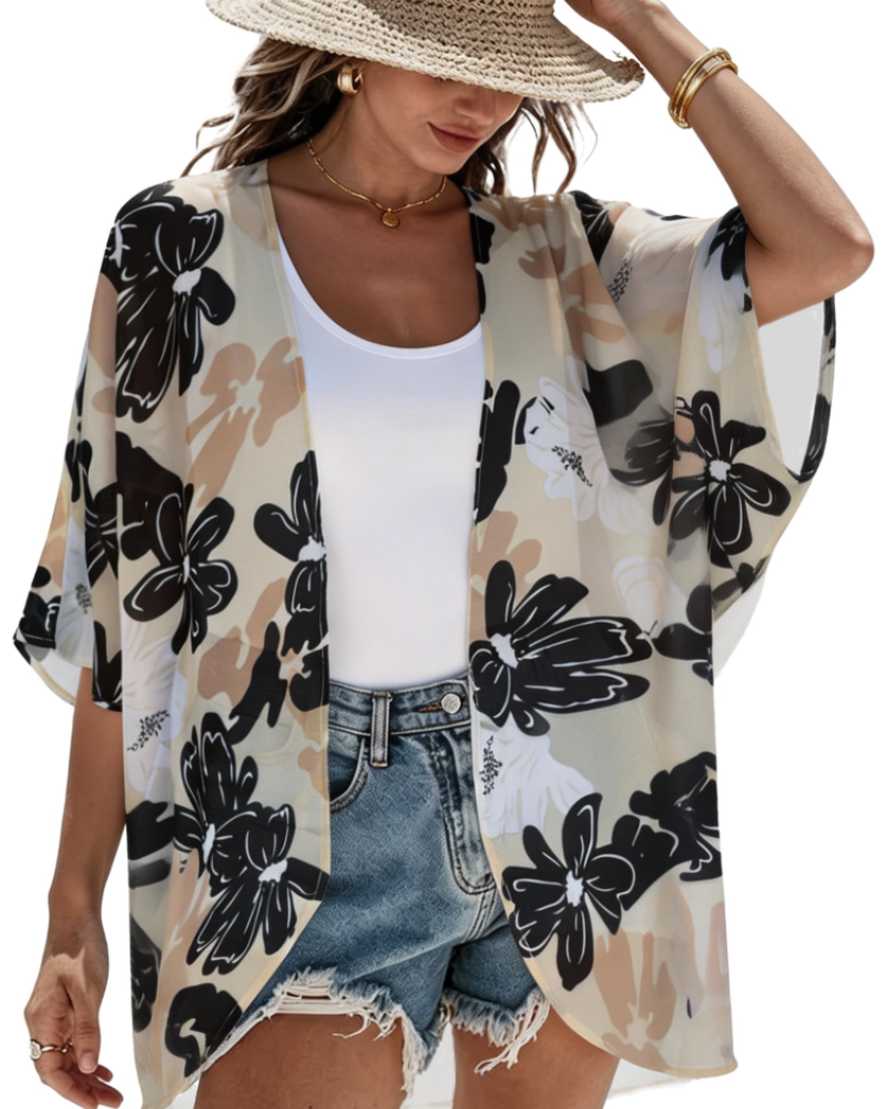 Penelope Kimono Femme – Kimono Fleuri en Mousseline Ouvert à Manches Bouffantes