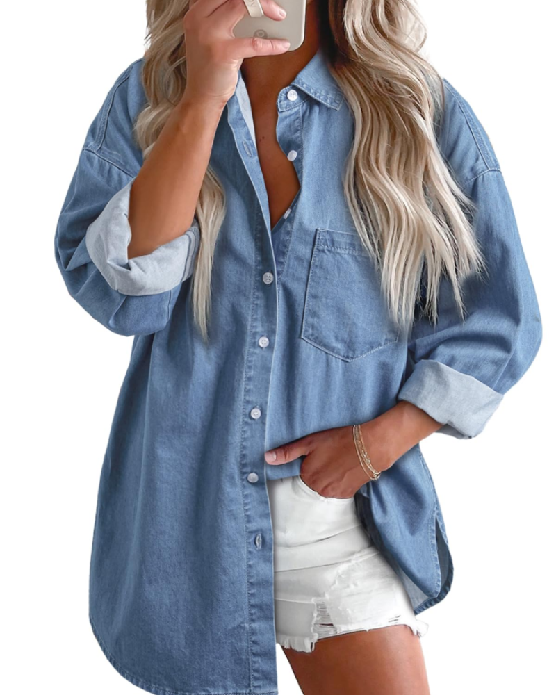 Emerson Chemise en Jean Femme – Surchemise Oversize Boutonnée à Manches Longues