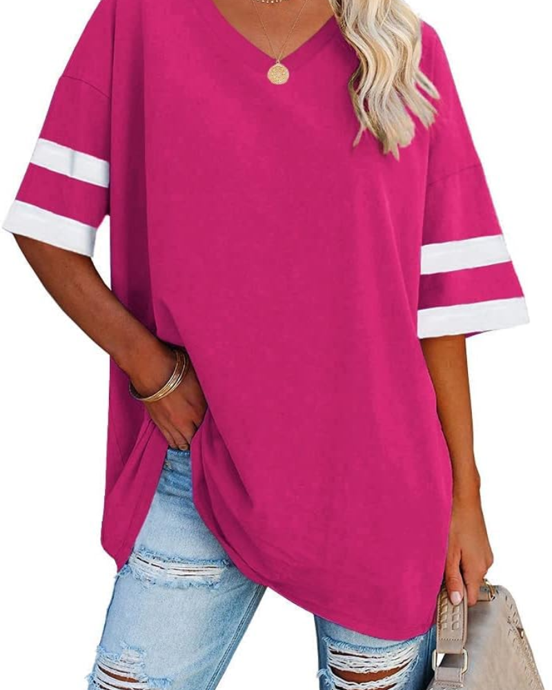 Aspen T-Shirt Oversize Femme – Haut Col V Demi-Manches en Coton Mélangé Coupe Ample